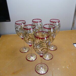 6 floral scroll pier 1 wine hand painted glasses